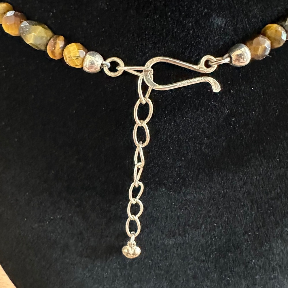 Vintage Women Necklace Brown Tigers Eye Quartz 925 Sterling Silver Boho Gemstone - Picture 13 of 14